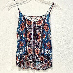 Ecote Sleeveless Strappy Tank Top Lattice Back Stretch MultiColor Floral Sz Med